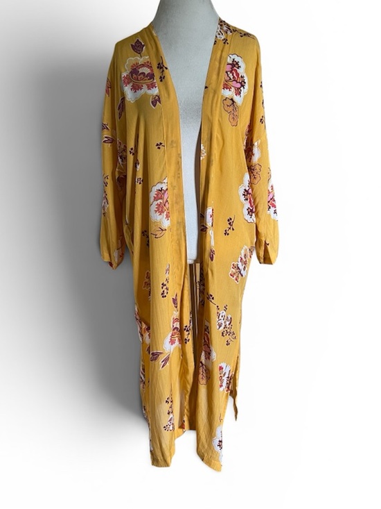 LOFT Other - LOFT Outlet Mustard Yellow Floral Kimono Beach Cover Up Long Duster M/L